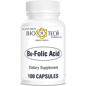 Bio-Tech Pharmacal B6-Folic Acid, 100 Capsules ? All-Natural Supplement ? Supports Cardiovascular, Bone, & Nervous System Health ? No Dairy, Fish, Gluten, Peanut, Shellfish, Halal, & Soy ? No - The Oasis of Health