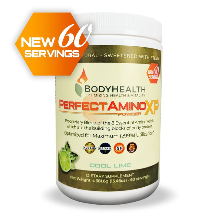 BodyHealth PerfectAmino XP Cool Lime (60 Servings) Best Pre/Post Workout Recovery Drink, 8 Essential Amino Acids Energy Supplement with 50% BCAAs, 100% Organic, 99% Utilization for Maximum Power