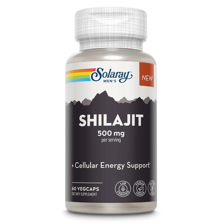 SOLARAY Shilajit 500 mg, PrimaVie (R) Himalayan Shilajit for Men, Adaptogenic Cellular Energy Support, Men’s Health Supplement, Vegan, Gluten Free, 60-Day Guarantee - 30 Servings, 60 VegCaps