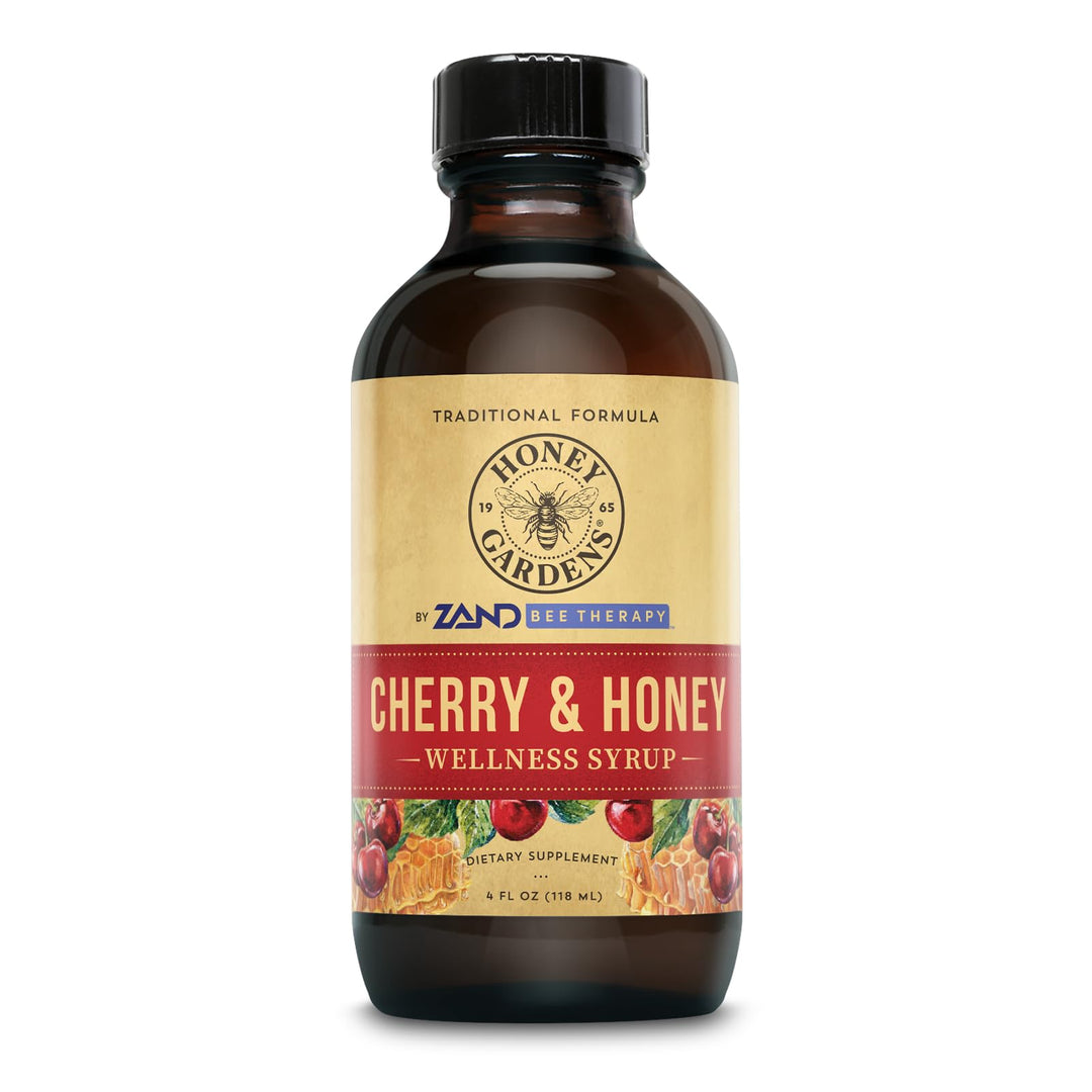 Honey Gardens Cherry &amp; Honey Soothing Throat Syrup, Apitherapy Formula with Organic Raw Honey, Organic Apple Cider Vinegar, Black Cherry, and Herbal Extracts, 24 Servings, 4 FL. OZ.
