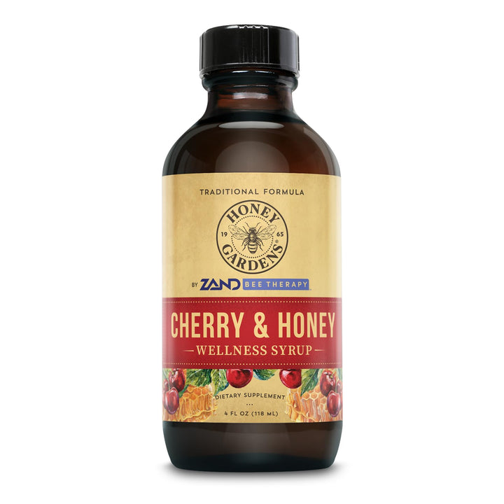 Honey Gardens Cherry &amp; Honey Soothing Throat Syrup, Apitherapy Formula with Organic Raw Honey, Organic Apple Cider Vinegar, Black Cherry, and Herbal Extracts, 24 Servings, 4 FL. OZ.