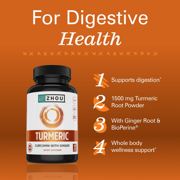 Zhou Turmeric Curcumin with Ginger - Turmeric and Ginger Supplement for Women and Men, Curcuminoids with Black Pepper Extract for Digestion and Digestive Health - 90 Veggie Capsules
