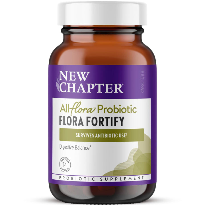 New Chapter All-Flora Probiotic Flora Fortify, Ultra-Concentrated Probiotics for Digestive Health, Survives Antibiotic Use, with Electrolytes + Inulin Prebiotic Fiber, 100% Vegan, 14-Day Supply