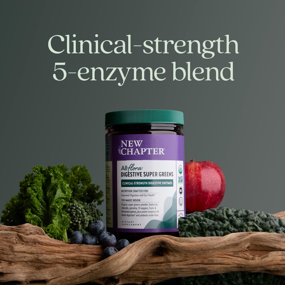 New Chapter All-Flora Digestive Super Greens Powder for Gut Health - Clinical-Strength Digestive Enzymes + USDA Organic Chlorella, Spirulina, Fermented Greens – Delicious &amp; 100% Vegan, 30 Servings