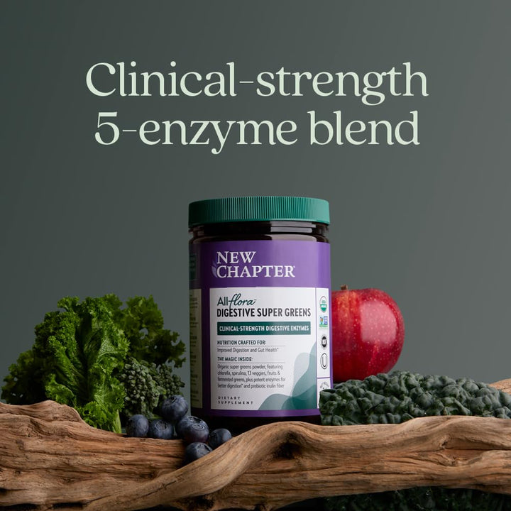 New Chapter All-Flora Digestive Super Greens Powder for Gut Health - Clinical-Strength Digestive Enzymes + USDA Organic Chlorella, Spirulina, Fermented Greens – Delicious &amp; 100% Vegan, 30 Servings