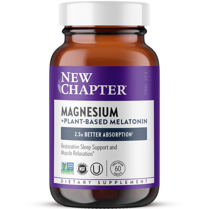 New Chapter Magnesium + Plant-Based Melatonin Supplement, with 2.5X Better Absorption Magnesium Glycinate &amp; Non-GMO Melatonin 1 mg from Tomato – Sleep Aid &amp; Muscle Relaxation* - 60 Tablets