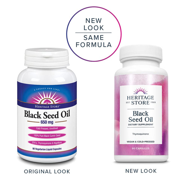 HERITAGE STORE Black Seed Oil Liquid Capsules 650mg, Nigella Sativa Oil Supplement with Thymoquinone, Omega 3 6 9, Antioxidant, Cholesterol, Digestive, Joint &amp; Immune Support*, Vegan, 45 Serv, 90ct