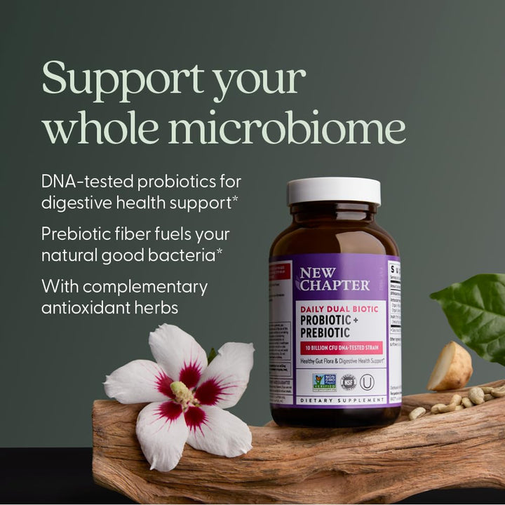 New Chapter Daily Dual Biotic Probiotic + Prebiotic for Digestion &amp; Microbiome Health, 100% Vegan, Soy Free, Non-GMO, 60 Count (2 Month Supply)