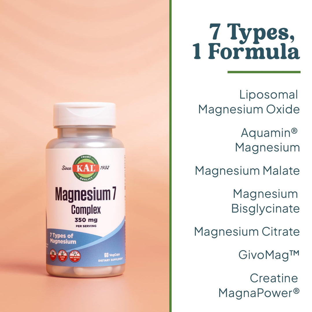 KAL Magnesium Complex 7 - Total Complex with Magnesium Glycinate, Citrate, Malate and More - Relaxation and Whole Body Support Supplements - Vegan, 60-Day Guarantee - 30 Servings - 60 VegCaps