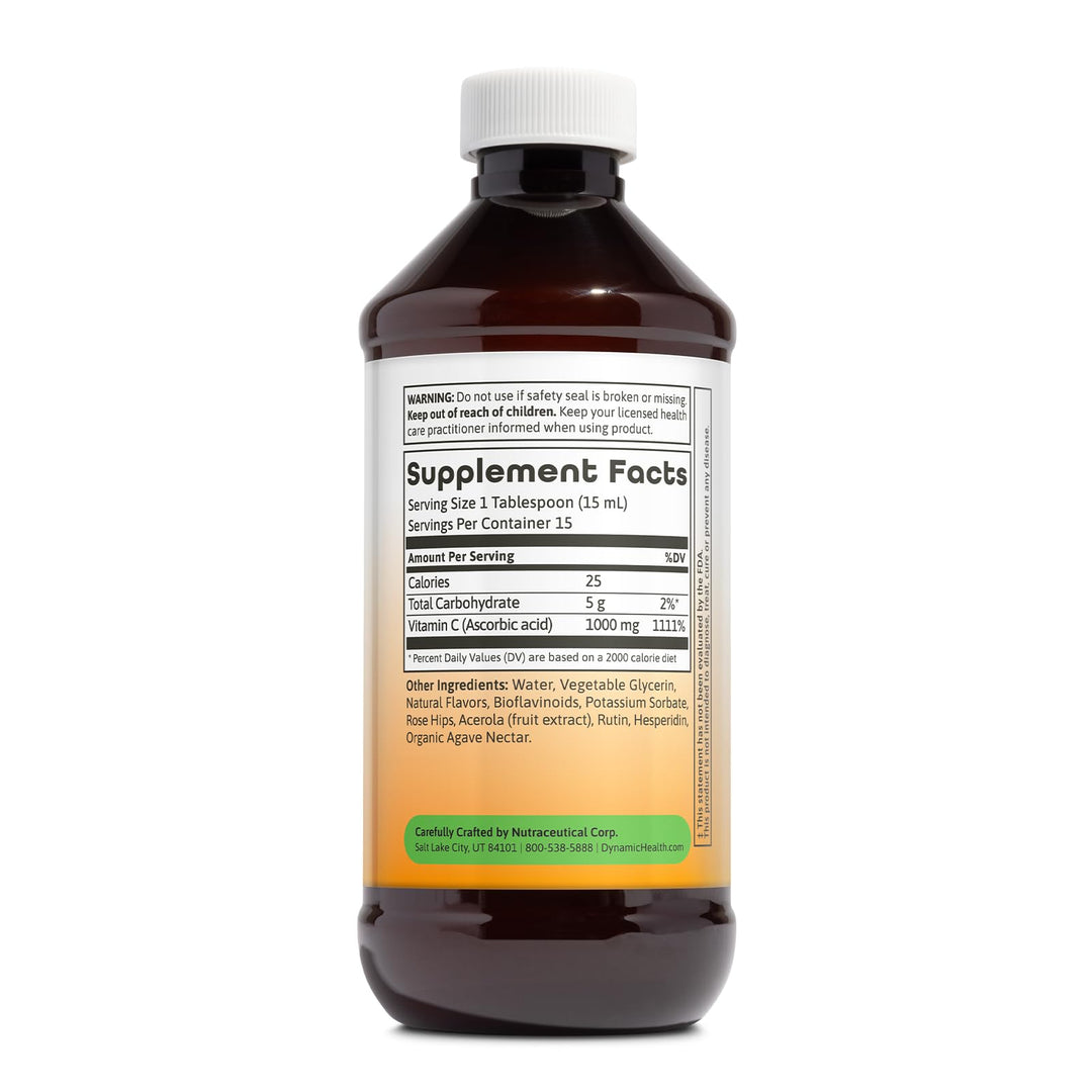 Dynamic Health Liquid Vitamin C Natural Citrus - 1000 mg per Serving, Liquid Supplement for Men and Women, with Bioflavonoids &amp; Rose Hips, Vegetarian &amp; Gluten Free - 8 fl oz