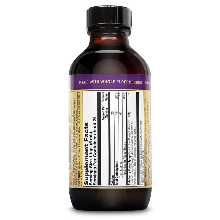 Honey Gardens Elderberry Syrup for Kids with Honey, Kids Elderberry Syrup, 6.4 mg of Elderberry Honey Syrup with Organic Raw Honey, Organic Echinacea Purpurea and Elderflower, 24 Servings, 4 FL. OZ.