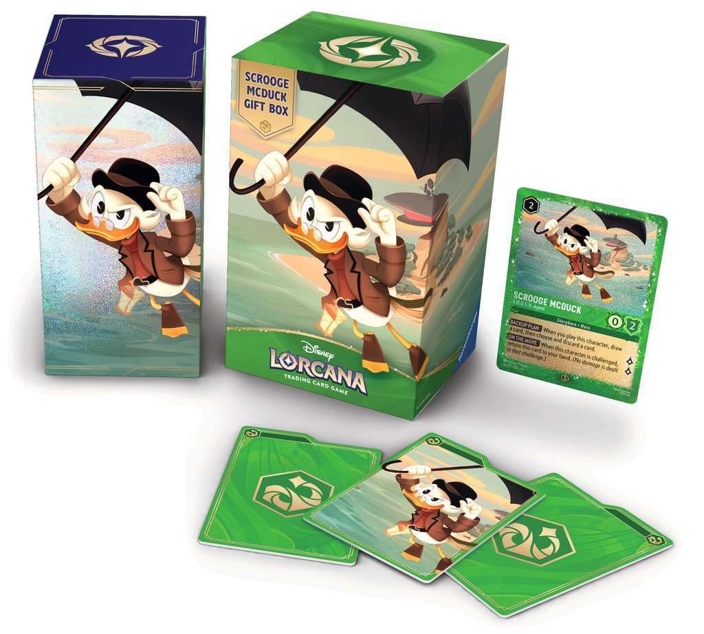 Ravensburger Disney Lorcana TCG: Scrooge McDuck Gift Box - Glimmer Foil Promo Card, 5 Assorted Booster Packs, Storage Box and Dividers - Trading Card Game &amp; Disney Collectible - Ages 8+