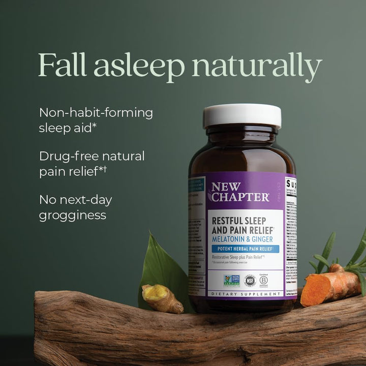 New Chapter Sleep Aid, Restful Sleep and Pain Relief, Melatonin &amp; Ginger Sleep Supplement, Gluten Free and Non-GMO, 30 Vegetarian Capsules