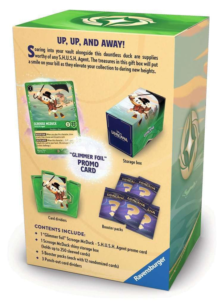 Ravensburger Disney Lorcana TCG: Scrooge McDuck Gift Box - Glimmer Foil Promo Card, 5 Assorted Booster Packs, Storage Box and Dividers - Trading Card Game &amp; Disney Collectible - Ages 8+