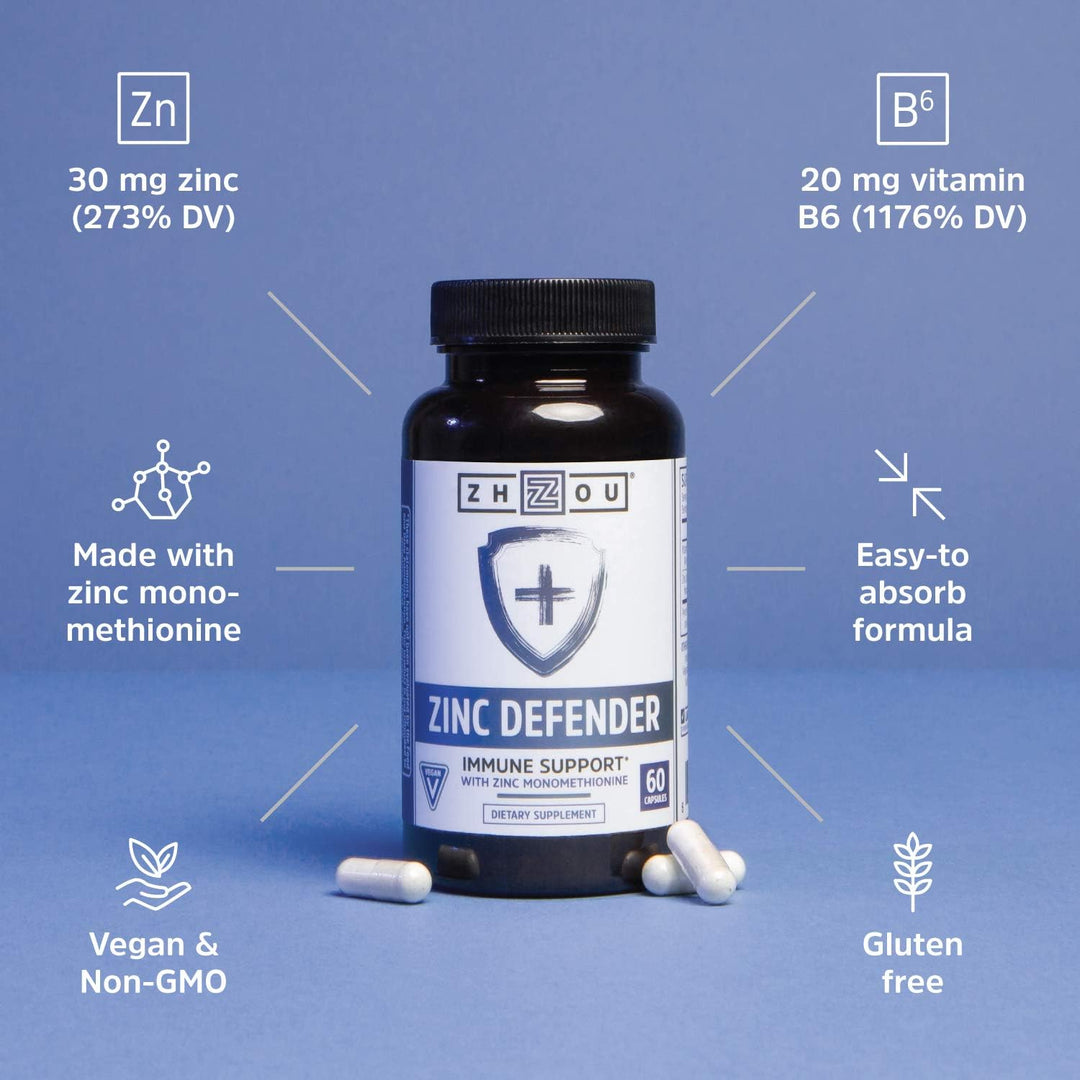 Zhou Zinc Defender - Zinc Supplements for Men &amp; Women, 30mg Per Serving for Immune Health and Mineral Support, Vitamin B6 Support, Pure Vegan Formula, Gluten Free - 60 Capsules