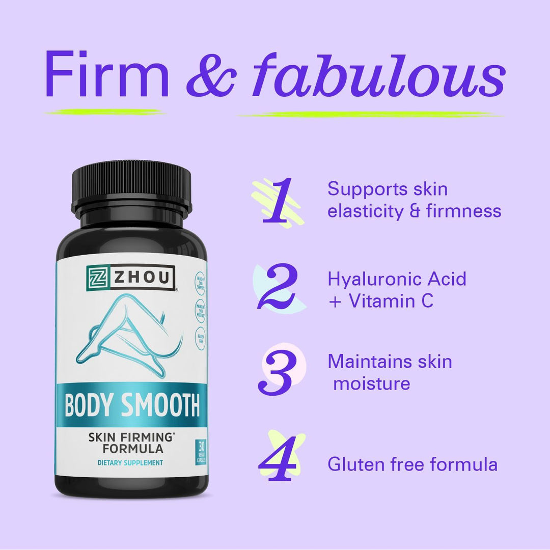 Zhou Body Smooth - Cellulite Pills for Women, Dimpless Anti Cellulite Supplement for Firm Smooth Skin with Hyaluronic Acid &amp; Vitamin C, Skincare for Thigh, Legs, Butt, Supports Hydration - 30 Capsules