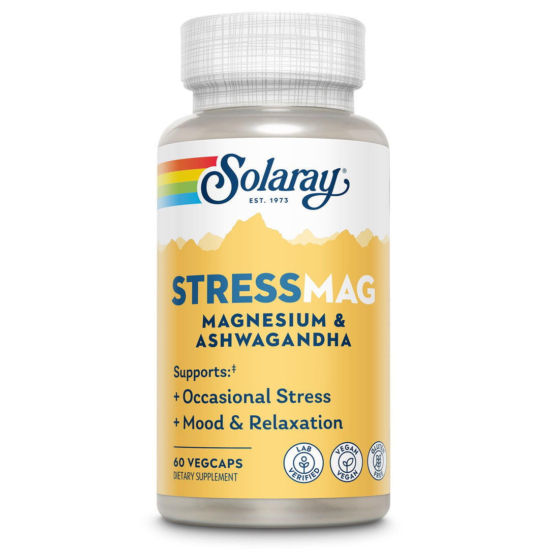 Solaray StressMag – Magnesium Glycinate Plus Ashwagandha for Women and Men - Relaxation, Mood &amp; Occasional Stress Support – Magnesium Supplement with Bisglycinate – 30 Servings, 60 VegCaps