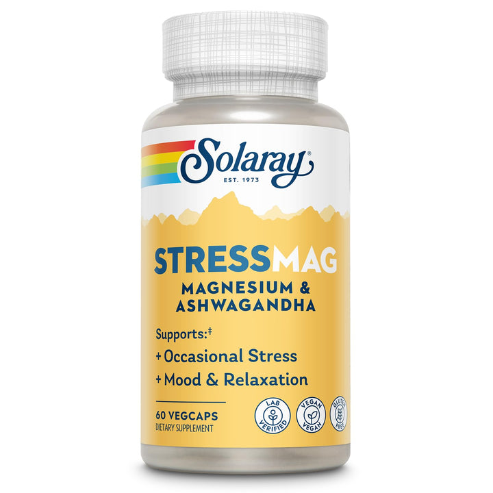 Solaray StressMag – Magnesium Glycinate Plus Ashwagandha for Women and Men - Relaxation, Mood &amp; Occasional Stress Support – Magnesium Supplement with Bisglycinate – 30 Servings, 60 VegCaps