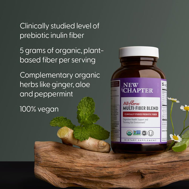 New Chapter All-Flora Multi-Fiber Supplement with Clinically Studied Prebiotic Inulin + Psyllium Husk for Digestion &amp; Gut Health, Good Source of Daily Fiber, USDA Organic, 100% Vegan, 120 Count