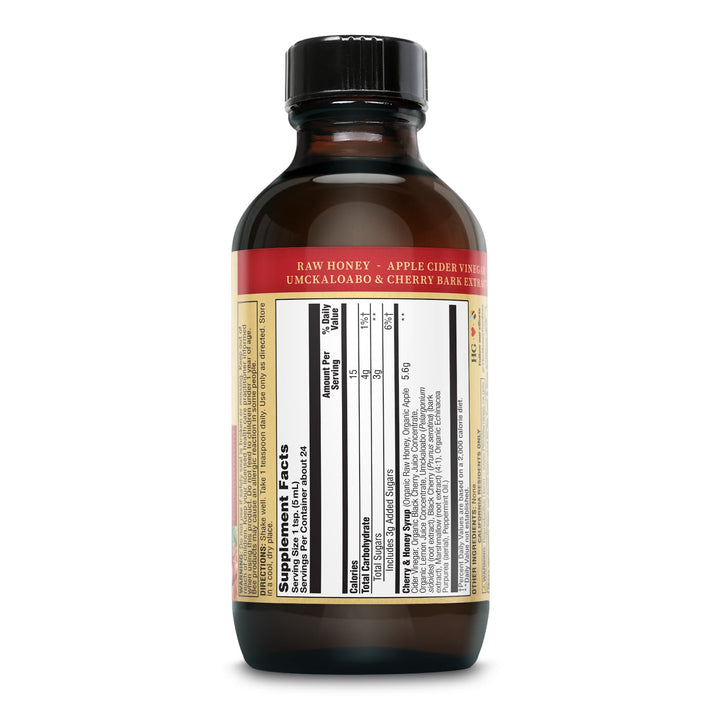 Honey Gardens Cherry &amp; Honey Soothing Throat Syrup, Apitherapy Formula with Organic Raw Honey, Organic Apple Cider Vinegar, Black Cherry, and Herbal Extracts, 24 Servings, 4 FL. OZ.