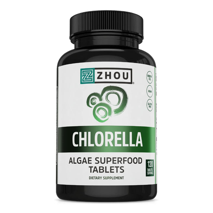 Zhou Chlorella Tablets - Chlorella Supplement, Chlorophyll Vitamins, Pure Green Algae Superfood, Nutrient Rich Super Food Pills, Broken Cell Wall - 120 Vegan Tablets