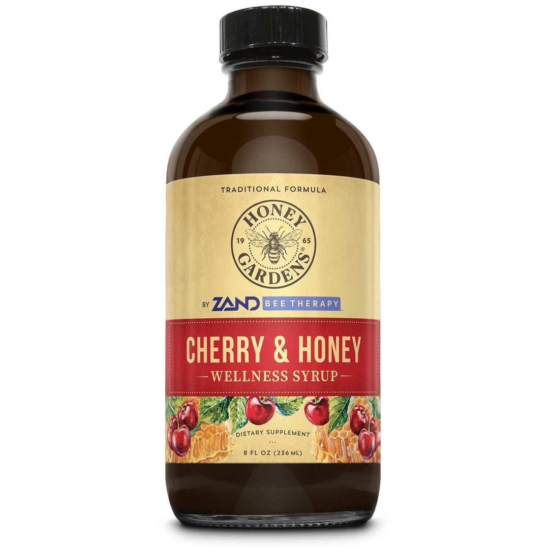 Honey Gardens Cherry &amp; Honey Soothing Throat Syrup, Apitherapy Formula with Organic Raw Honey, Organic Apple Cider Vinegar, Black Cherry, and Herbal Extracts, 48 Servings, 8 FL. OZ.