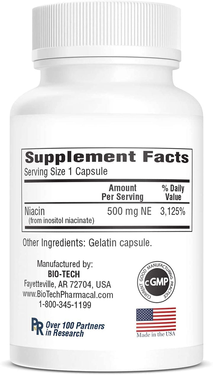 Bio-Tech Pharmacal B3-500, 100 Capsules – All-Natural Supplement – Supports Cardiovascular, Nerve, &amp; Skin Health – No Dairy, Fish, Gluten, Peanut, Shellfish, GMOs, &amp; Soy – No Artificial Colors