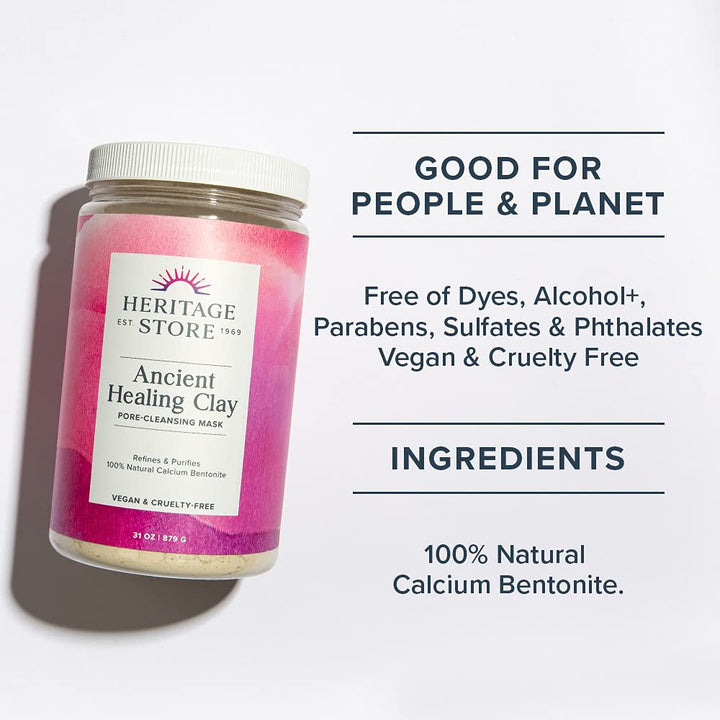 Heritage Store Ancient Healing Clay Pore-Cleansing Mask | Refines &amp; Purifies with 100% Natural Calcium Bentonite | 31oz