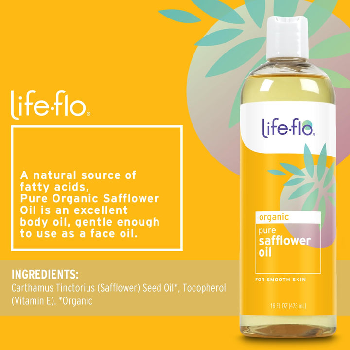 Life-flo Pure Safflower Oil, Organic, Moisture-Rich Face and Body Oil for Skin Care and Hair Care, Soothing Massage Oil and Carrier Oil, Hypoallergenic, 60-Day Guarantee, Not Tested on Animals, 16oz