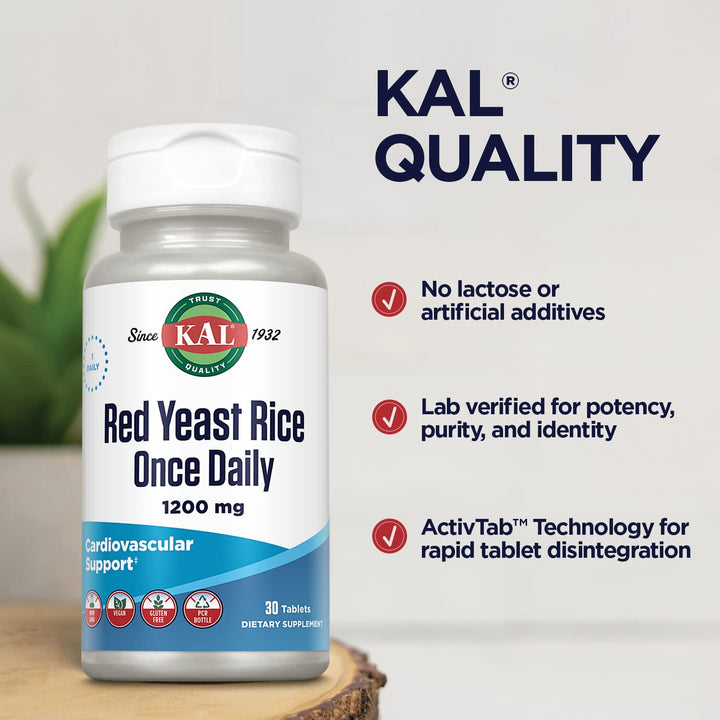 KAL Red Yeast Rice Once Daily 1200mg, Cardiovascular Support* Supplement with Naturally Occurring Unsaturated Fatty Acids, Amino Acids &amp; Phytonutrients, Vegan, Gluten Free, 30 Servings, 30 Tablets