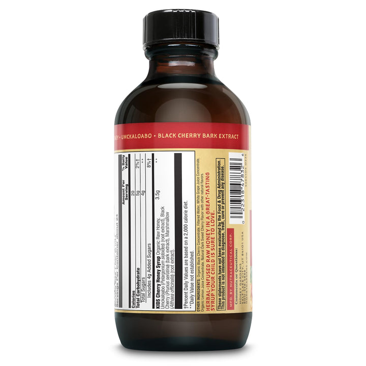 Honey Gardens Kids Cherry &amp; Honey Soothing Throat Syrup, Herbal Infused Raw Honey Syrup, Apitherapy Formula Includes Extracts of Umckaloabo, Black Cherry, Marshmallow, 24 Servings, 4 FL. OZ.