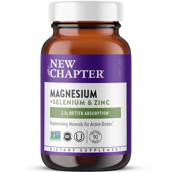 New Chapter Magnesium-Selenium-Zinc Supplement, 325 mg Magnesium in One-Daily Tablet for Active Bodies, Bounce Back After Exercise with Muscle Support Minerals + Hydrating Electrolytes, 90 Count