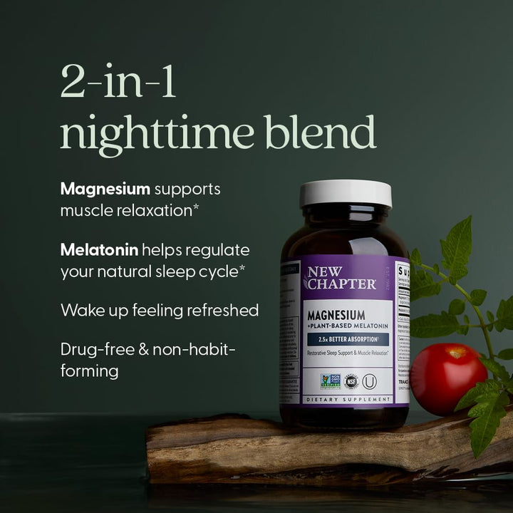 New Chapter Magnesium + Plant-Based Melatonin Supplement, with 2.5X Better Absorption Magnesium Glycinate &amp; Non-GMO Melatonin 1 mg from Tomato – Sleep Aid &amp; Muscle Relaxation* - 60 Tablets