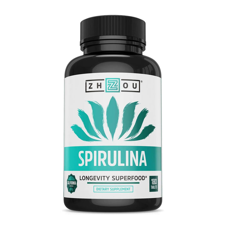 Zhou Spirulina Tablets - Spirulina Pills, Greens Superfood Supplement with Chlorophyll &amp; Blue Spirulina Powder Cognitive &amp; Immune Support, Pure Premium Formula - 180 Tablets