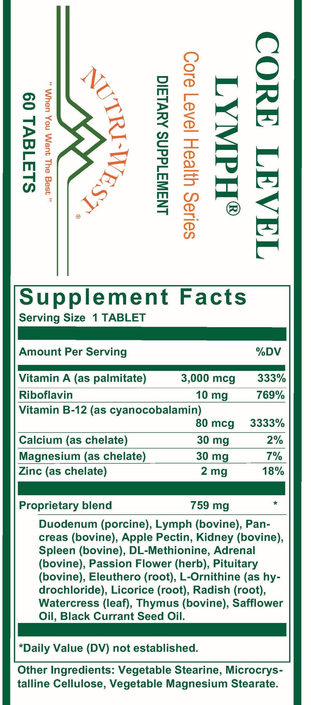 Nutri-West - Core Level Lymph - 60 Tablets - Supplement Facts panel