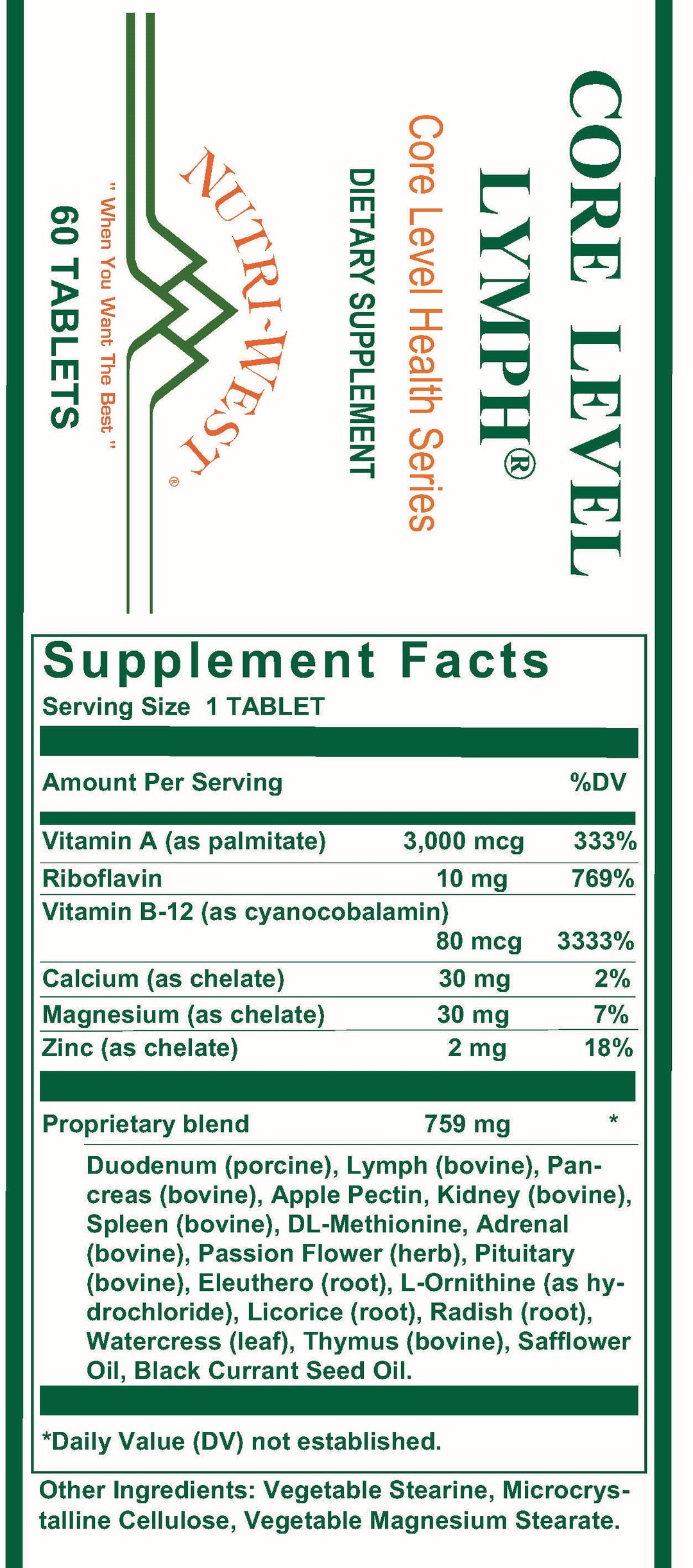 Nutri-West - Core Level Lymph - 60 Tablets - Supplement Facts panel