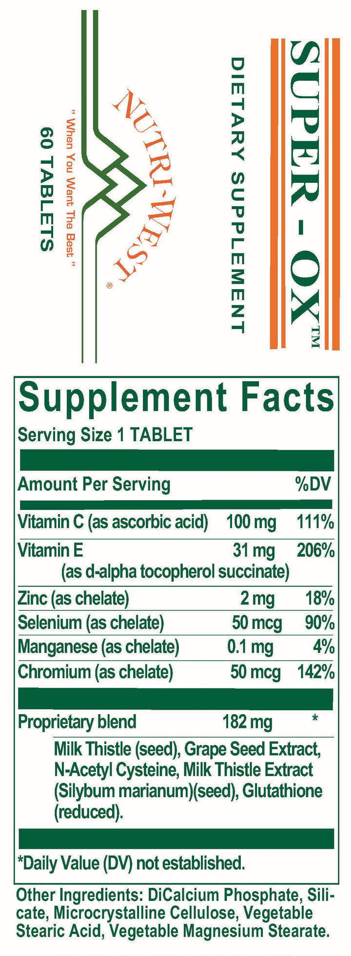 Nutri-West - Super Ox - 60 Tablets - Supplement Facts panel