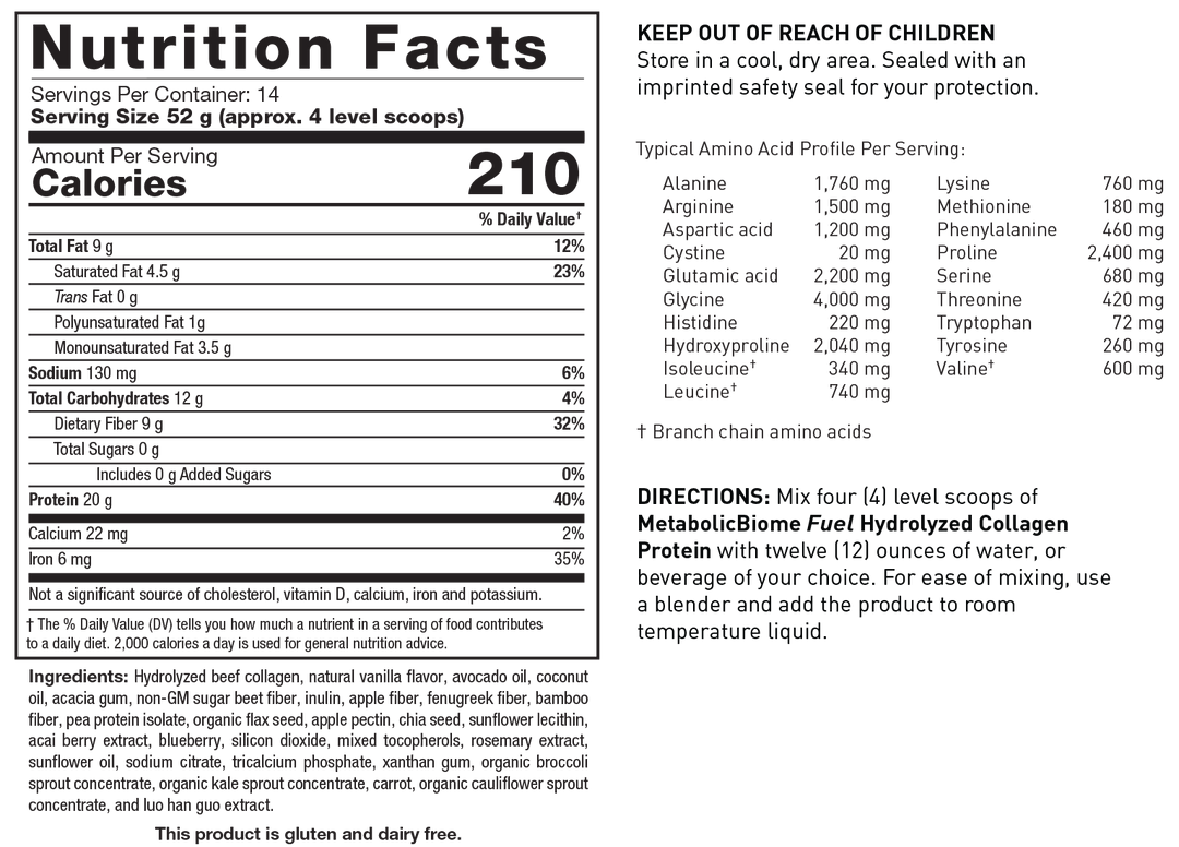 Biotics Research MetabolicBiome Fuel Hydrolyzed Collagen Protein Chocolate - Supplement Facts panel