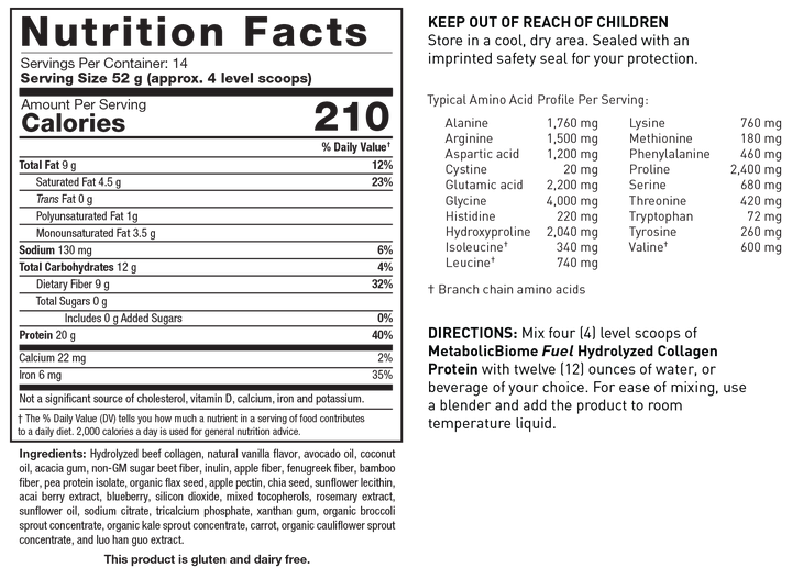 Biotics Research MetabolicBiome Fuel Hydrolyzed Collagen Protein Chocolate - Supplement Facts panel