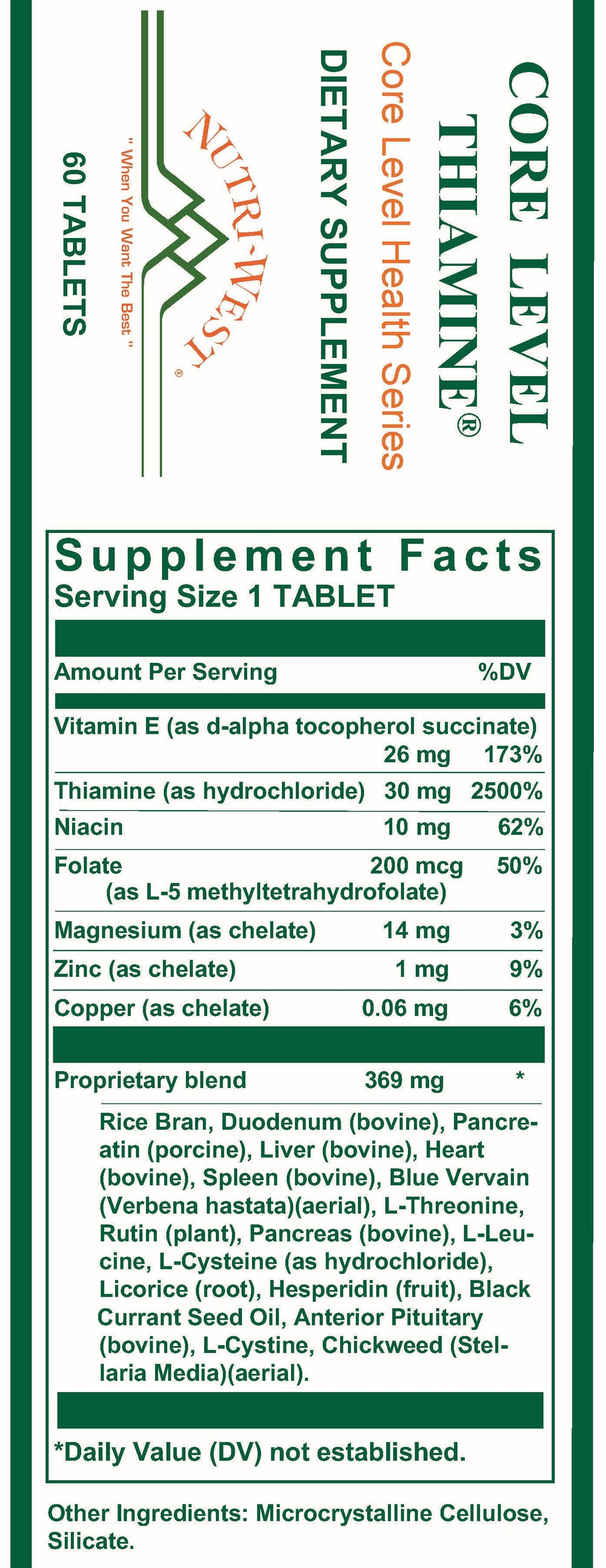 Nutri-West - Core Level Thiamine - 60 Tablets - Supplement Facts panel