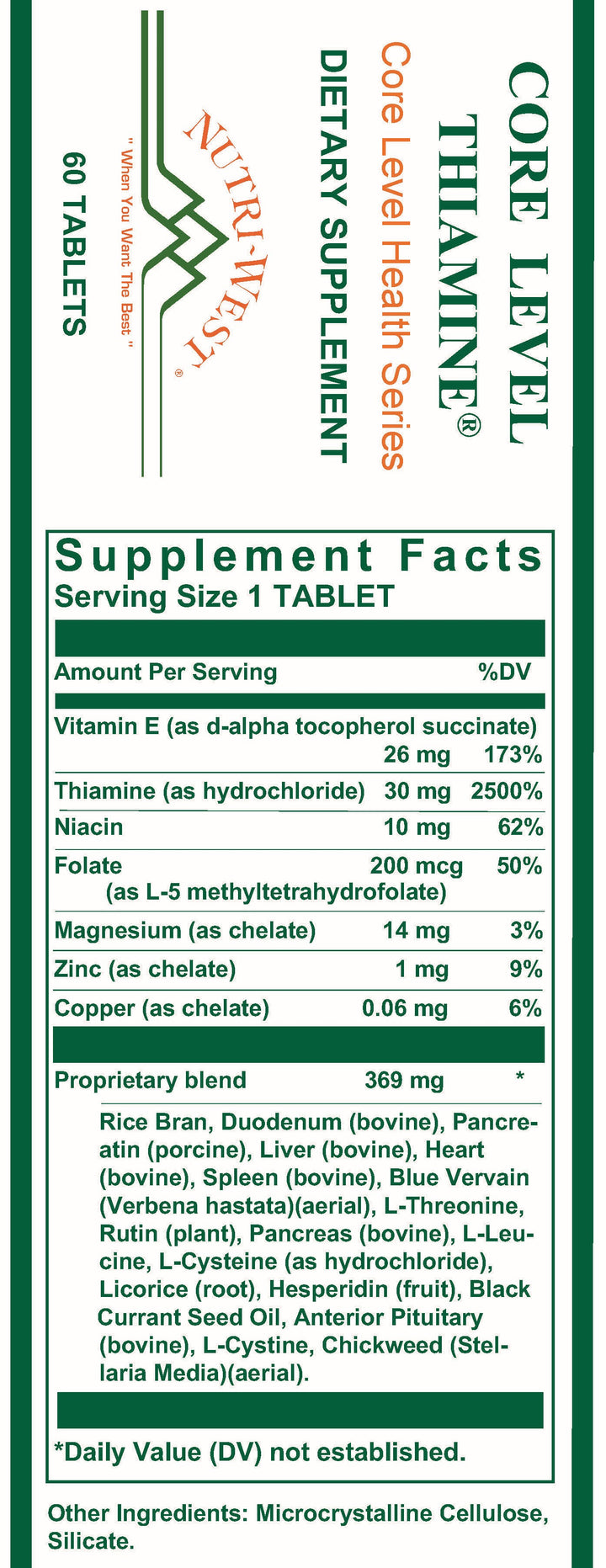 Nutri-West - Core Level Thiamine - 60 Tablets - Supplement Facts panel