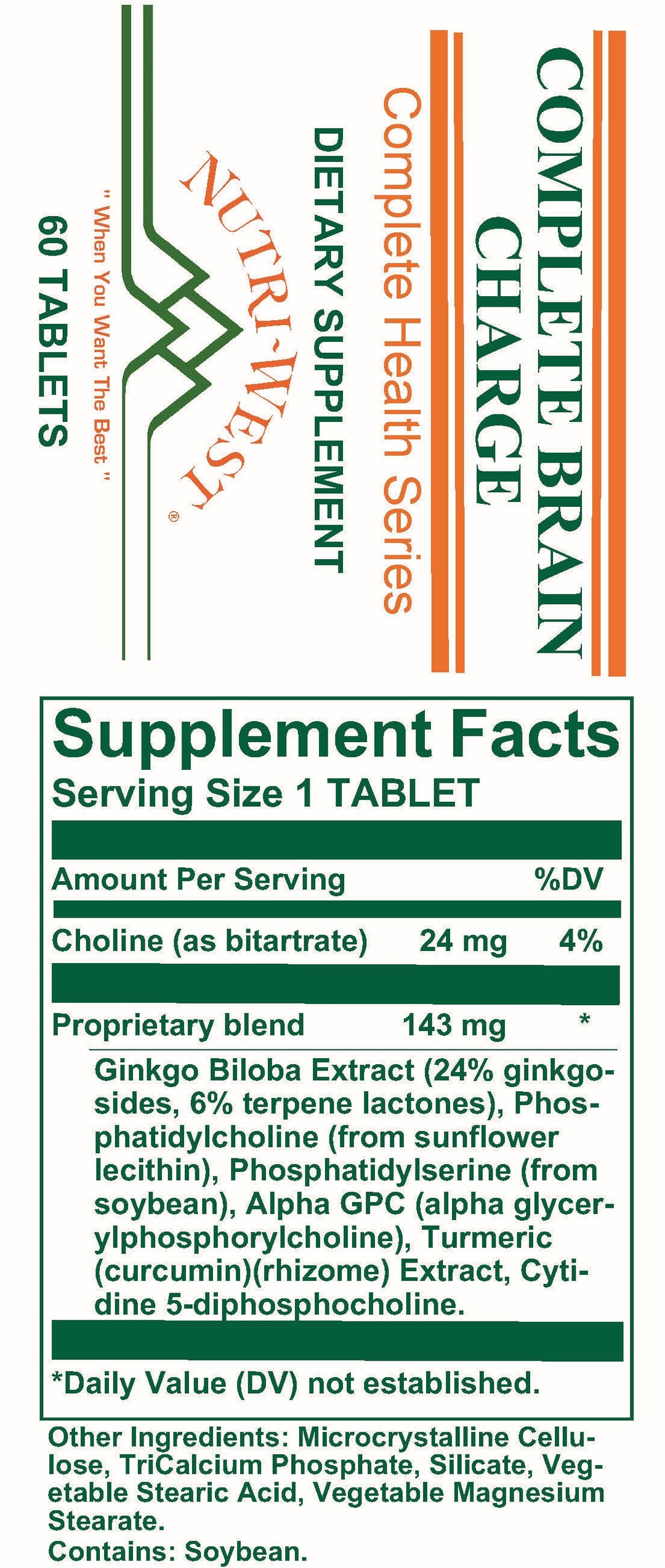 Nutri-West - Complete Brain Charge - 60 Tablets - Supplement Facts panel