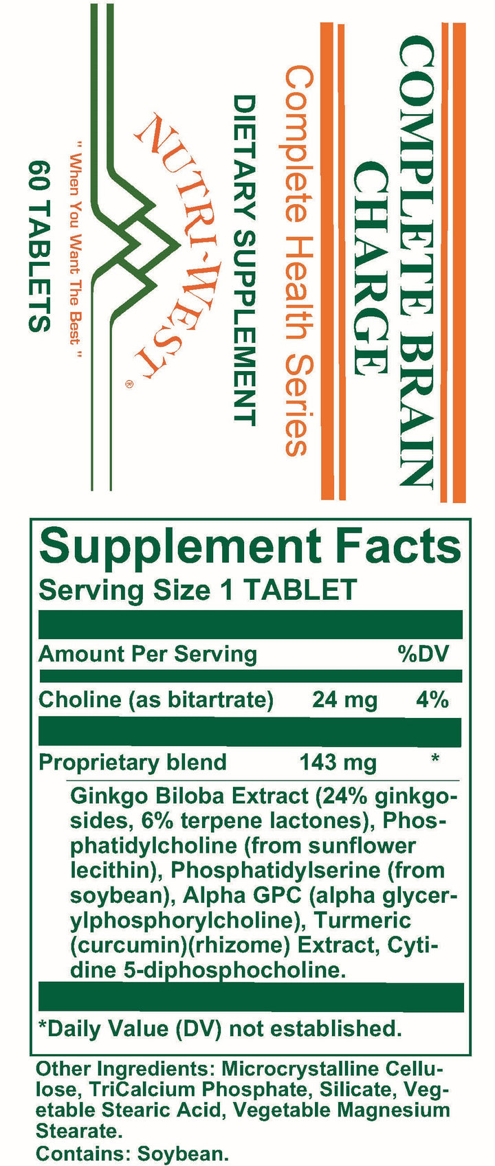 Nutri-West - Complete Brain Charge - 60 Tablets - Supplement Facts panel