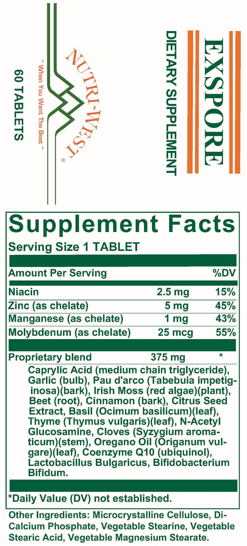 Nutri-West - Exspore - 60 Tablets - Supplement Facts panel