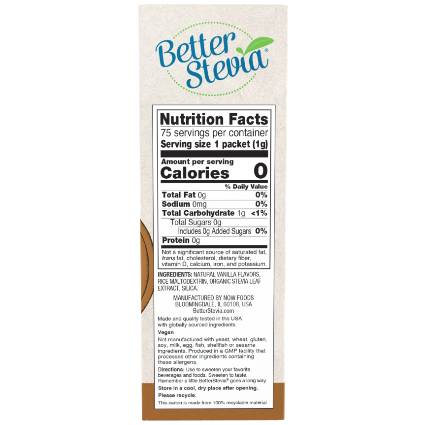 Now Foods BetterStevia French Vanilla 75 Packets Per Box - 6863 - 3 Pack