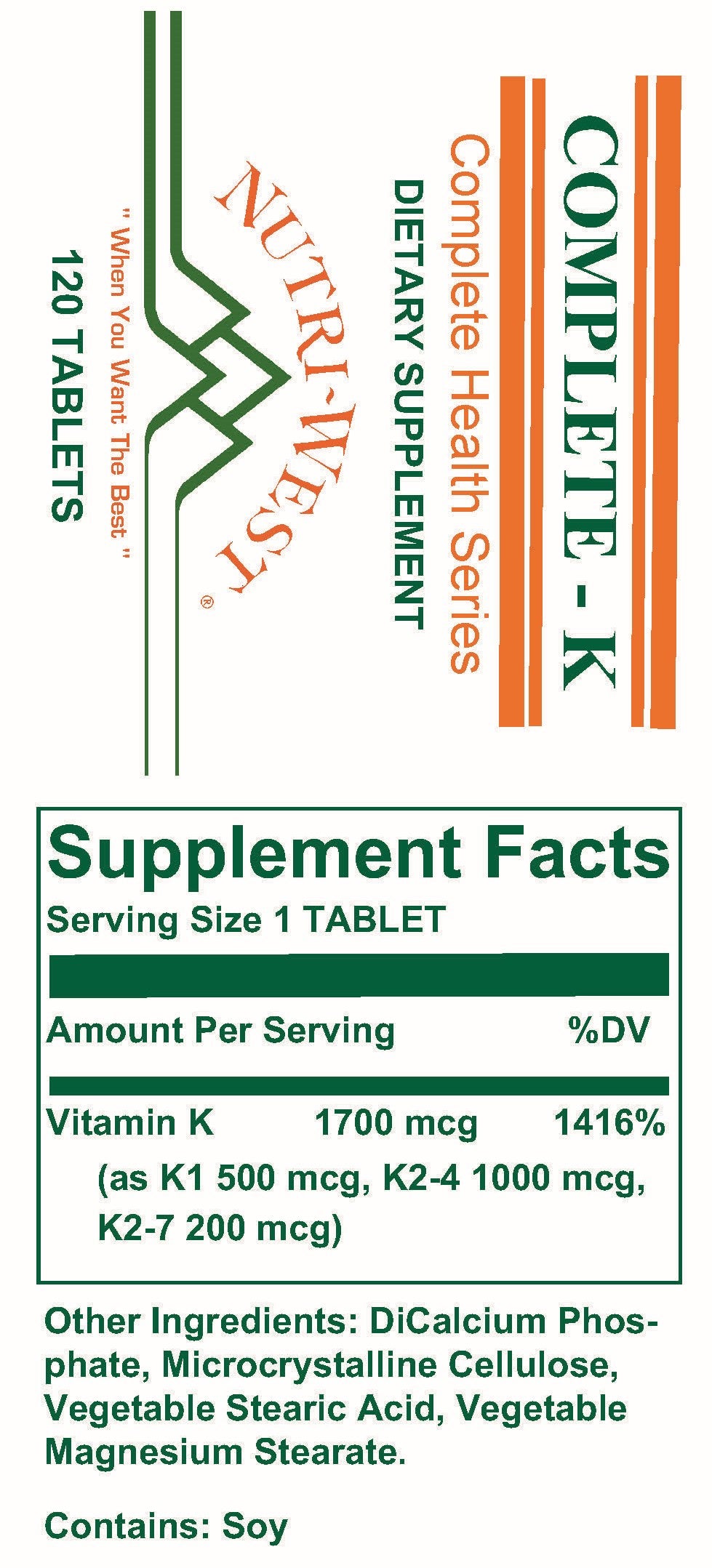 Nutri-West - Complete K - 120 Tablets - Supplement Facts panel