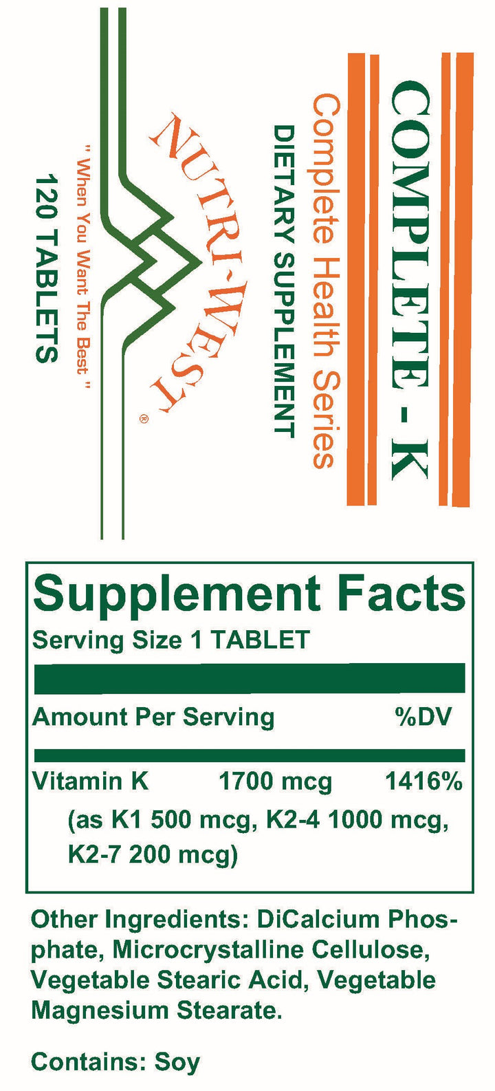 Nutri-West - Complete K - 120 Tablets - Supplement Facts panel