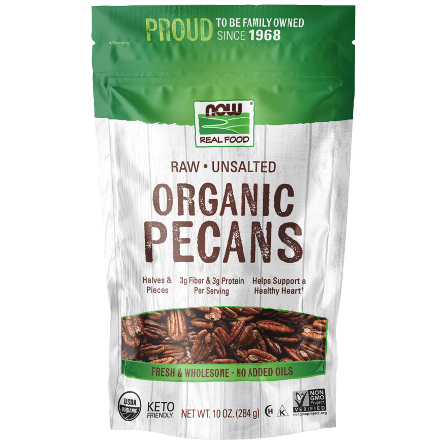 NOW Real Food, Raw, Unsalted, Organic Pecans, no added oils, 10 oz (284 g)