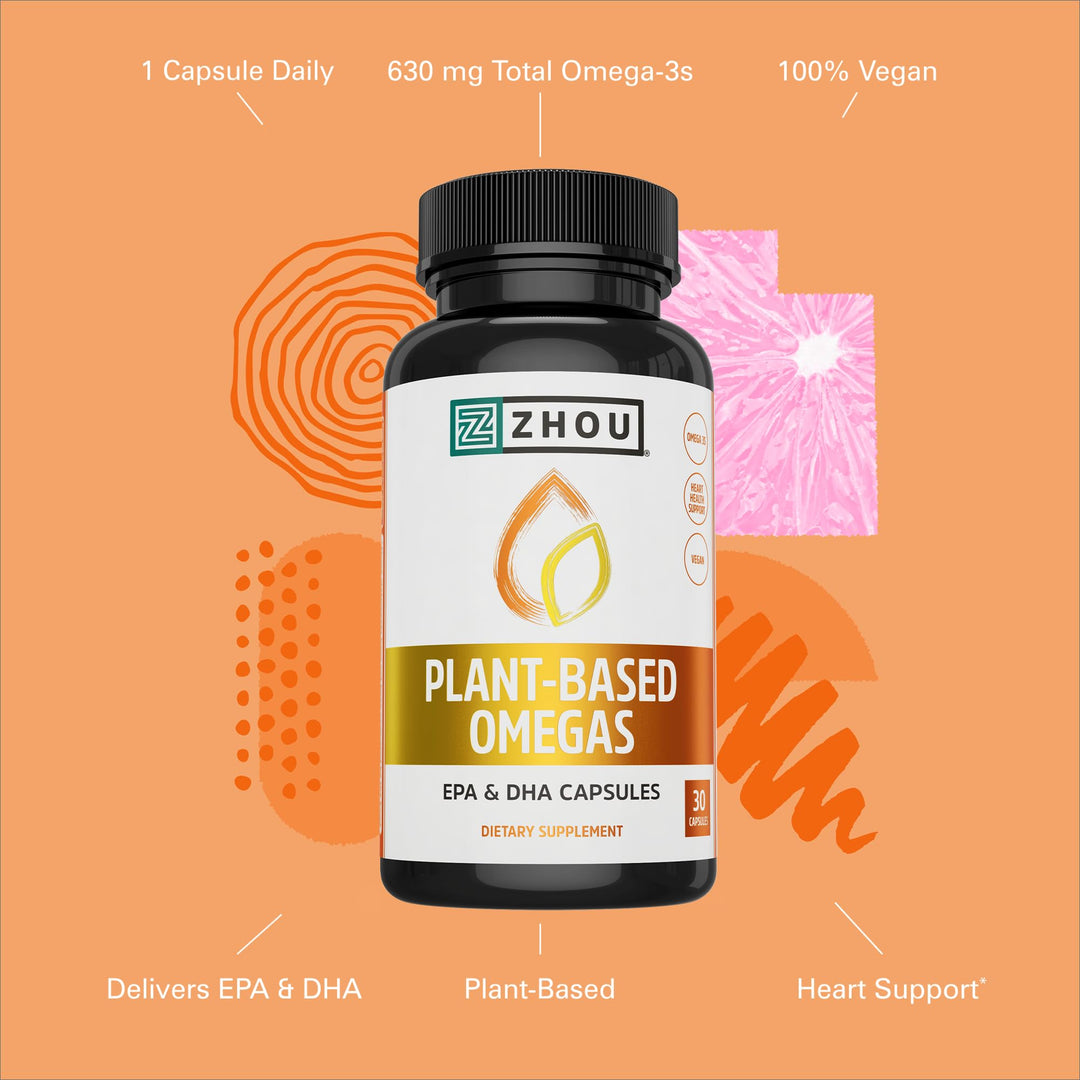 ZHOU Plant-Based Omegas - Vegan Omega 3 Supplement, EPA and DHA Algae Oil Capsules, from Algae &amp; Flaxseed, Supports Heart Health for Women and Men, Vegan - 30 Vegetarian Capsules