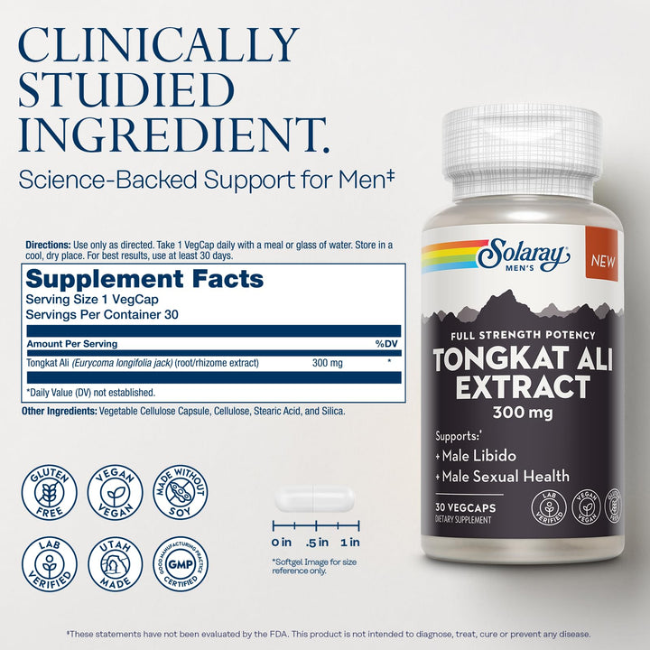 SOLARAY Tongkat Ali Extract 300mg, Sexual Supplements for Men, Tongkat Ali for Men Supports Male Enhancement and Libido, Vegan, Gluten-Free, Made Without Soy, 60-Day Guarantee, 30 Servings, 30 VegCaps